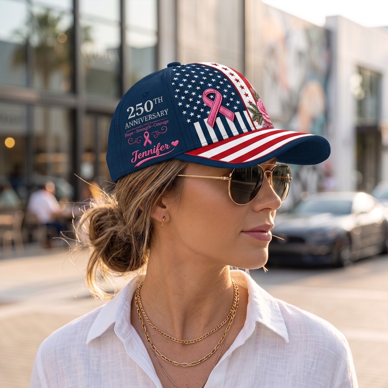 Breast Cancer Awareness 250th Anniversary Personalized Baseball Cap, Custom Name American Flag Pink Ribbon Hat, Survivor Warrior Gift for Women