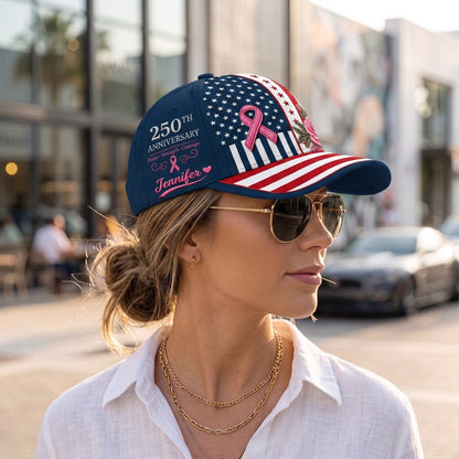Breast Cancer Awareness 250th Anniversary Personalized Baseball Cap, Custom Name American Flag Pink Ribbon Hat, Survivor Warrior Gift for Women