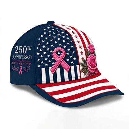 Breast Cancer Awareness 250th Anniversary Personalized Baseball Cap, Custom Name American Flag Pink Ribbon Hat, Survivor Warrior Gift for Women