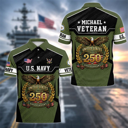 Personalized U.S. Navy Veteran 250th Anniversary Polo Shirt, Custom Name Patriotic Military Polo, United States 1776–2026 Veteran Gift