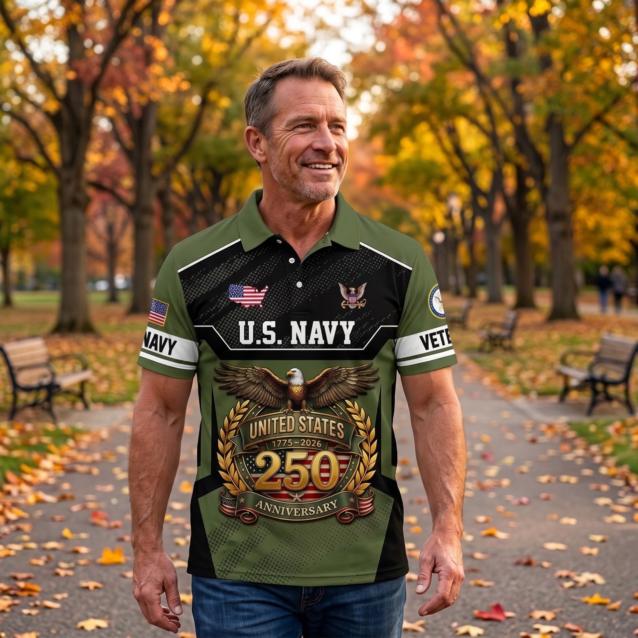 Personalized U.S. Navy Veteran 250th Anniversary Polo Shirt, Custom Name Patriotic Military Polo, United States 1776–2026 Veteran Gift