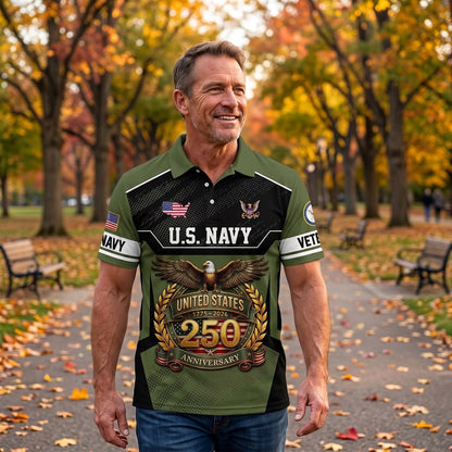 Personalized U.S. Navy Veteran 250th Anniversary Polo Shirt, Custom Name Patriotic Military Polo, United States 1776–2026 Veteran Gift