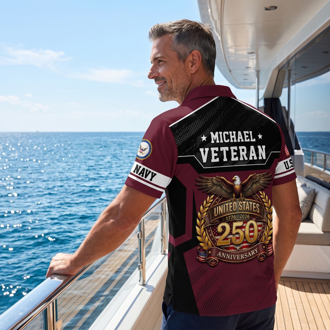 Personalized U.S. Navy Veteran 250th Anniversary Polo Shirt, Custom Name Patriotic Military Polo, United States 1776–2026 Veteran Gift