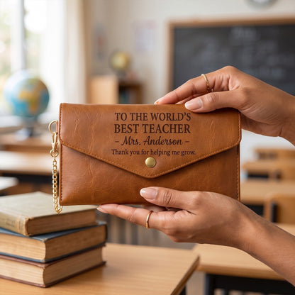 To The World's Best Teacher - Personalized Leather Envelope Wallet