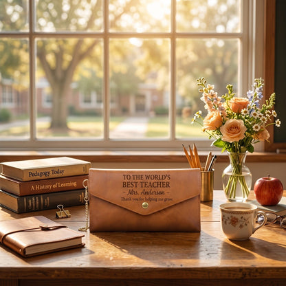 To The World's Best Teacher - Personalized Leather Envelope Wallet