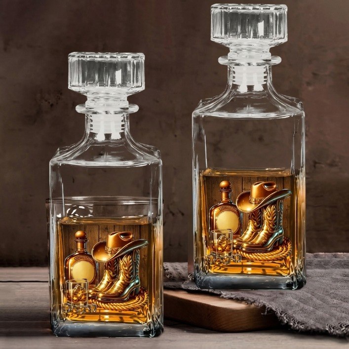 Personalized Cowboy & Cowgirl Whiskey Decanter | Custom Western Bourbon Bottle | Rustic Ranch Bar Gift for Him & Her | Boots, Hat & Whiskey Gift