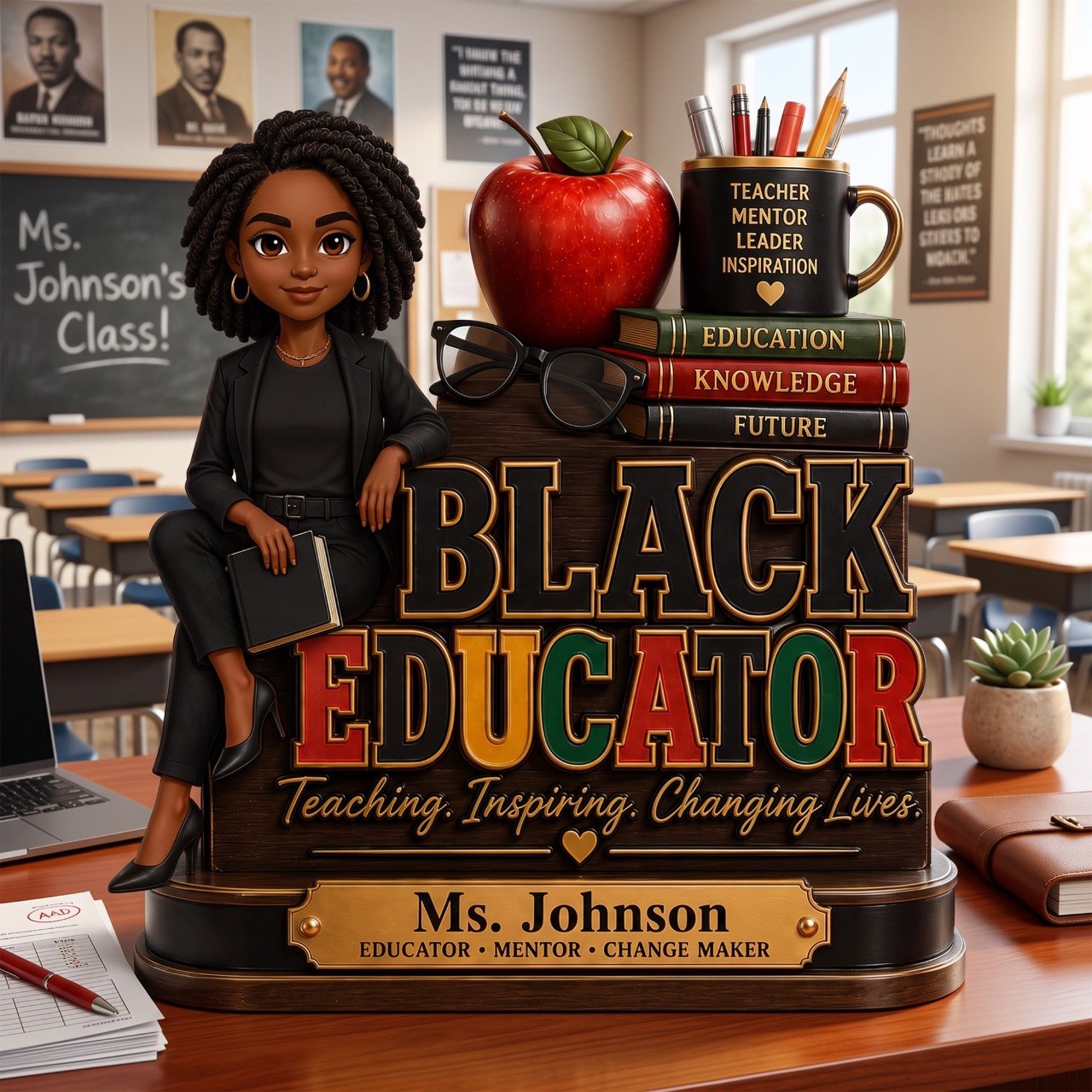 Black Educator by Popular Demand - Personalized 2-Layered Wooden Plaque - Back to School Decor for Male Teacher