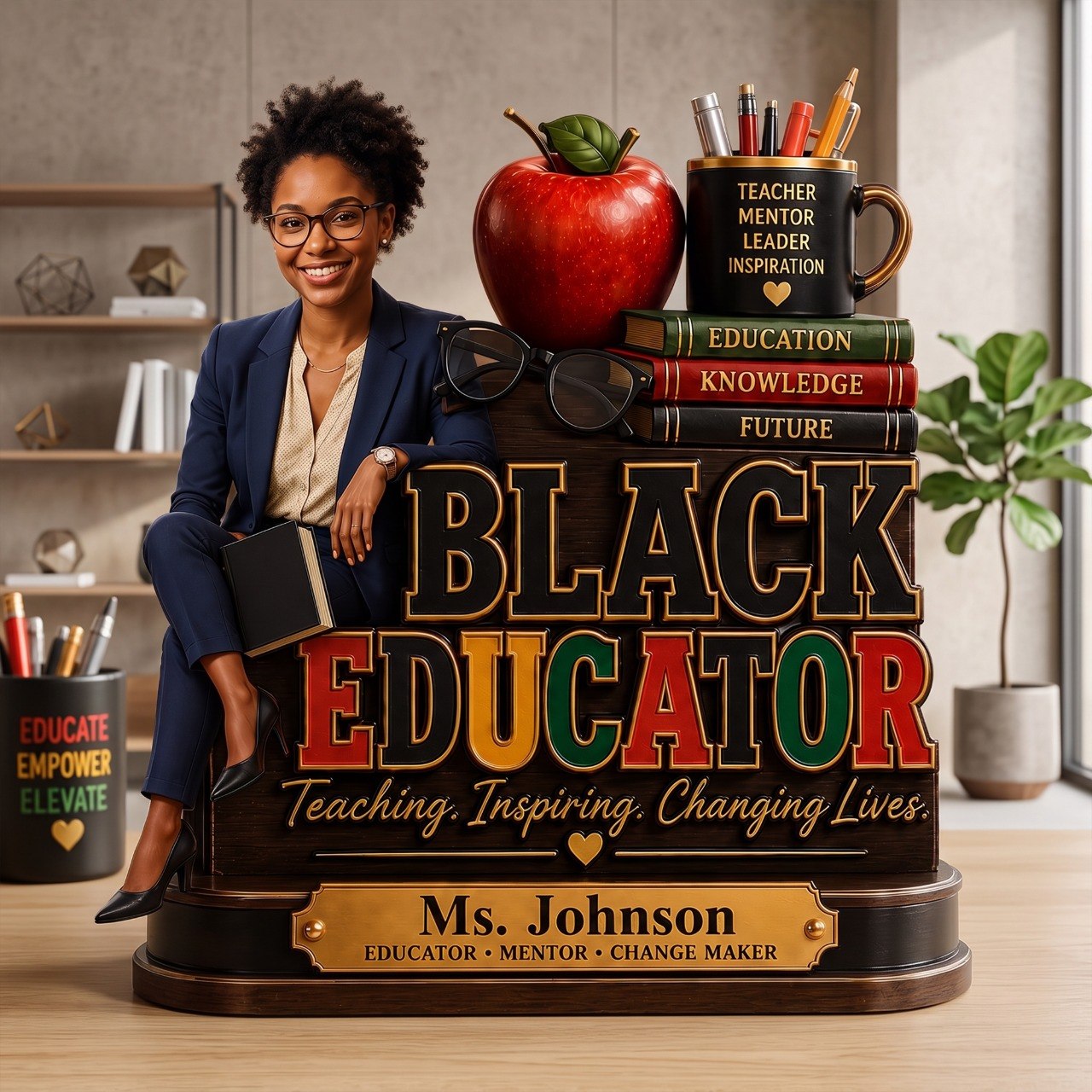 Black Educator by Popular Demand - Personalized 2-Layered Wooden Plaque - Back to School Decor for Male Teacher