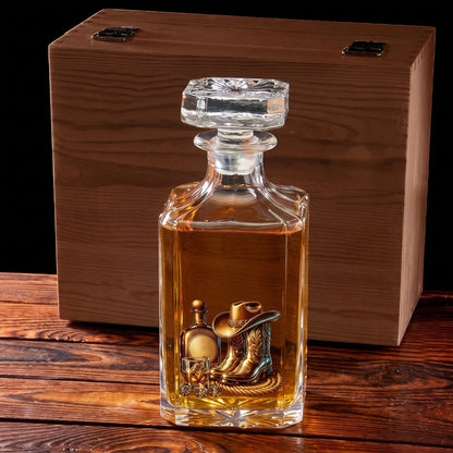 Personalized Cowboy & Cowgirl Whiskey Decanter | Custom Western Bourbon Bottle | Rustic Ranch Bar Gift for Him & Her | Boots, Hat & Whiskey Gift