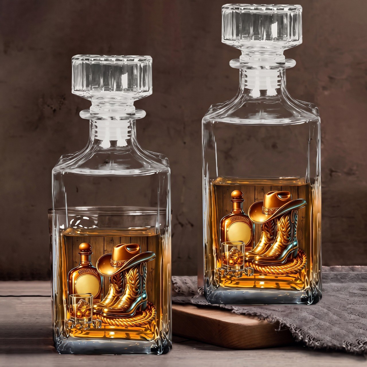 Personalized Cowboy & Cowgirl Whiskey Decanter | Custom Western Bourbon Bottle | Rustic Ranch Bar Gift for Him & Her | Boots, Hat & Whiskey Gift