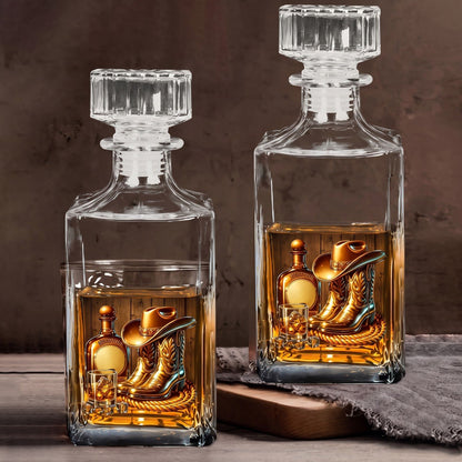 Personalized Cowboy & Cowgirl Whiskey Decanter | Custom Western Bourbon Bottle | Rustic Ranch Bar Gift for Him & Her | Boots, Hat & Whiskey Gift