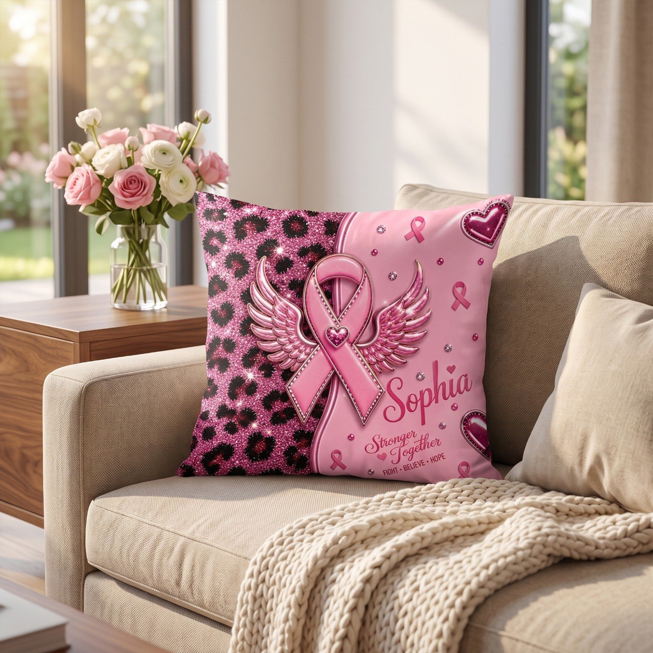 Breast Cancer Awareness Ribbon, Personalized Custom Pillow, Gift For Survivors