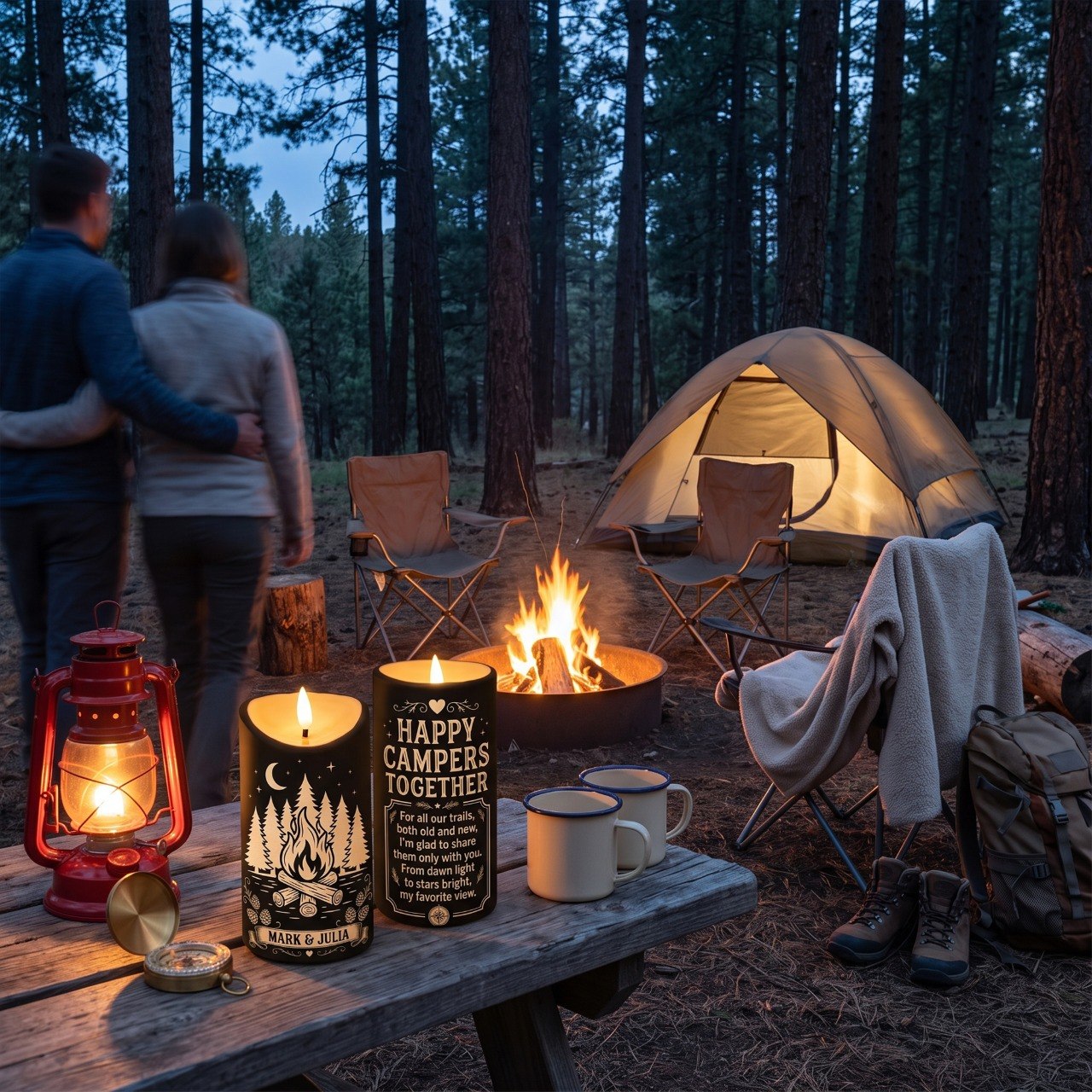Happy Campers Together - Personalized LED Candle - Camping Gift For Couples