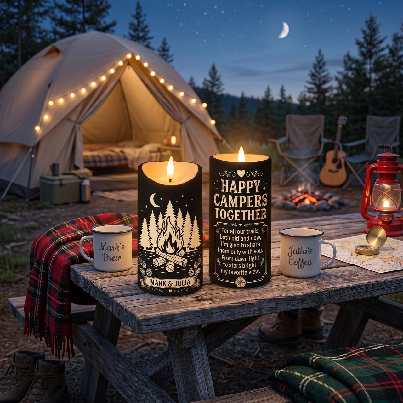 Happy Campers Together - Personalized LED Candle - Camping Gift For Couples