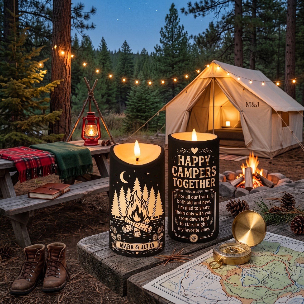 Happy Campers Together - Personalized LED Candle - Camping Gift For Couples