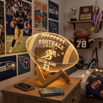 Personalized Football 3D LED Night Light – Custom Name & Number Sports Lamp with Wooden Base, Gift for Football Players & Fans