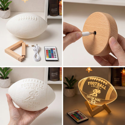 Personalized Football 3D LED Night Light – Custom Name & Number Sports Lamp with Wooden Base, Gift for Football Players & Fans