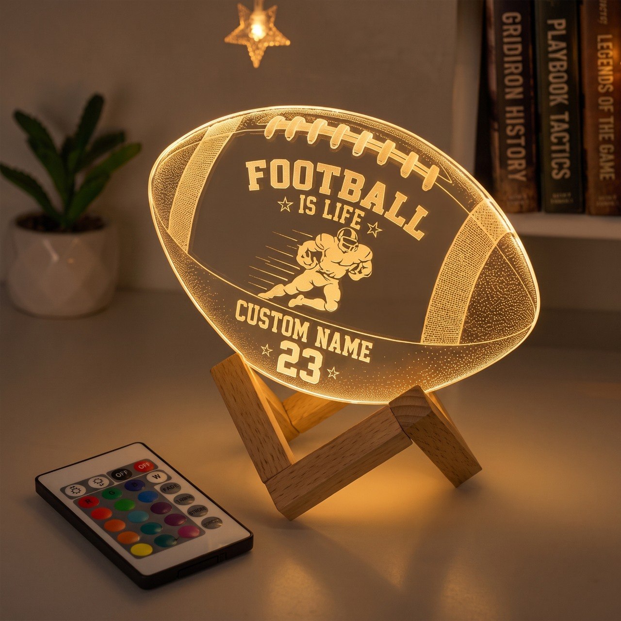 Personalized Football 3D LED Night Light – Custom Name & Number Sports Lamp with Wooden Base, Gift for Football Players & Fans