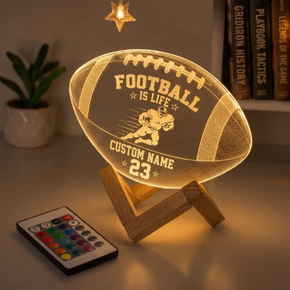 Personalized Football 3D LED Night Light – Custom Name & Number Sports Lamp with Wooden Base, Gift for Football Players & Fans