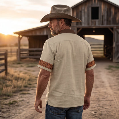 Retro Cowboy Camp Collar Short Sleeve Shirt with Tooled Leather Trim & Rodeo Graphics
