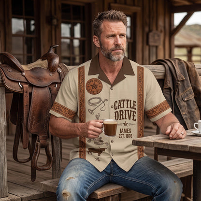 Retro Cowboy Camp Collar Short Sleeve Shirt with Tooled Leather Trim & Rodeo Graphics