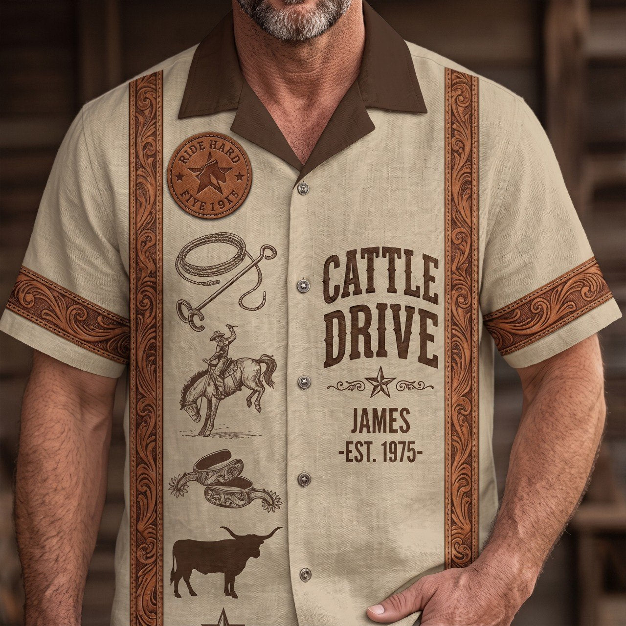 Retro Cowboy Camp Collar Short Sleeve Shirt with Tooled Leather Trim & Rodeo Graphics
