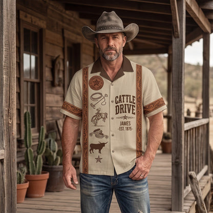 Retro Cowboy Camp Collar Short Sleeve Shirt with Tooled Leather Trim & Rodeo Graphics