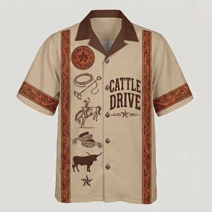 Retro Cowboy Camp Collar Short Sleeve Shirt with Tooled Leather Trim & Rodeo Graphics