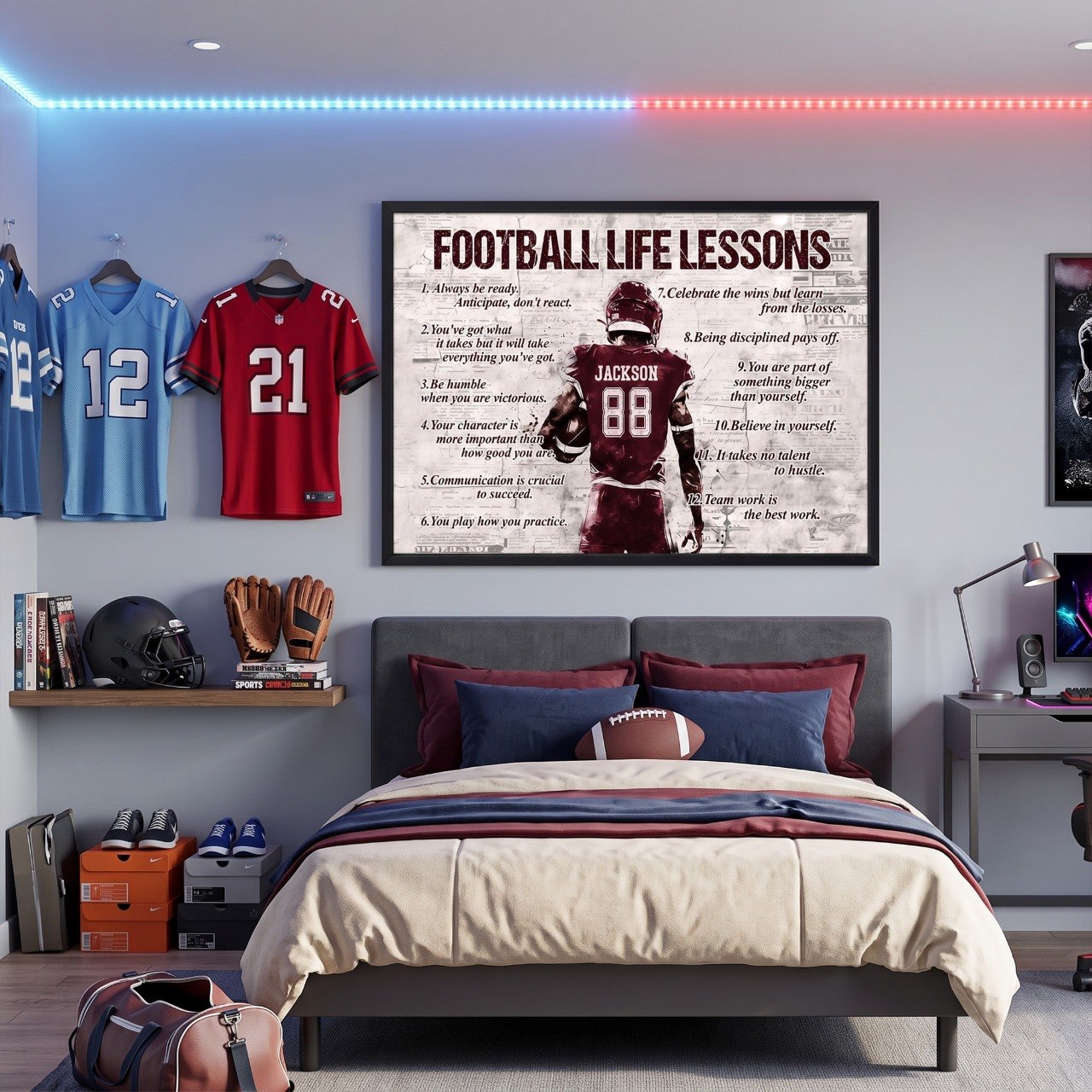 Personalized Football Life Lessons Poster – Custom Name American Football Wall Art, Inspirational Gift for Players & Coaches