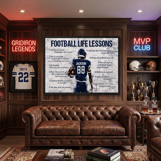 Personalized Football Life Lessons Poster – Custom Name American Football Wall Art, Inspirational Gift for Players & Coaches