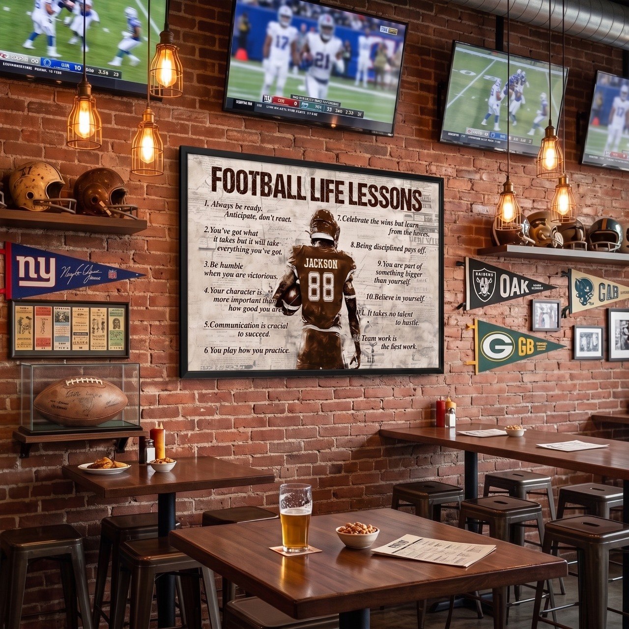 Personalized Football Life Lessons Poster – Custom Name American Football Wall Art, Inspirational Gift for Players & Coaches