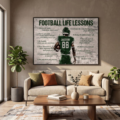 Personalized Football Life Lessons Poster – Custom Name American Football Wall Art, Inspirational Gift for Players & Coaches