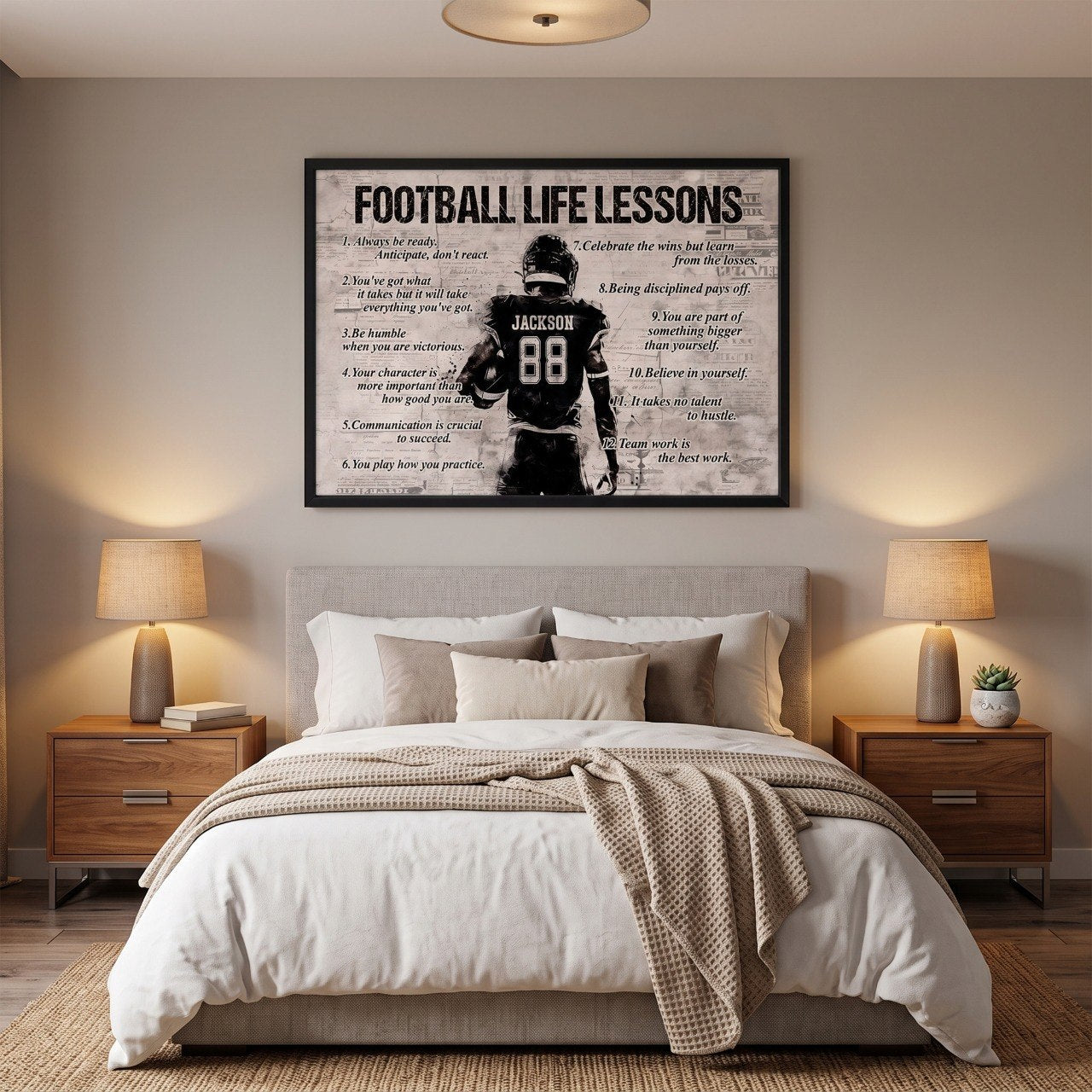 Personalized Football Life Lessons Poster – Custom Name American Football Wall Art, Inspirational Gift for Players & Coaches