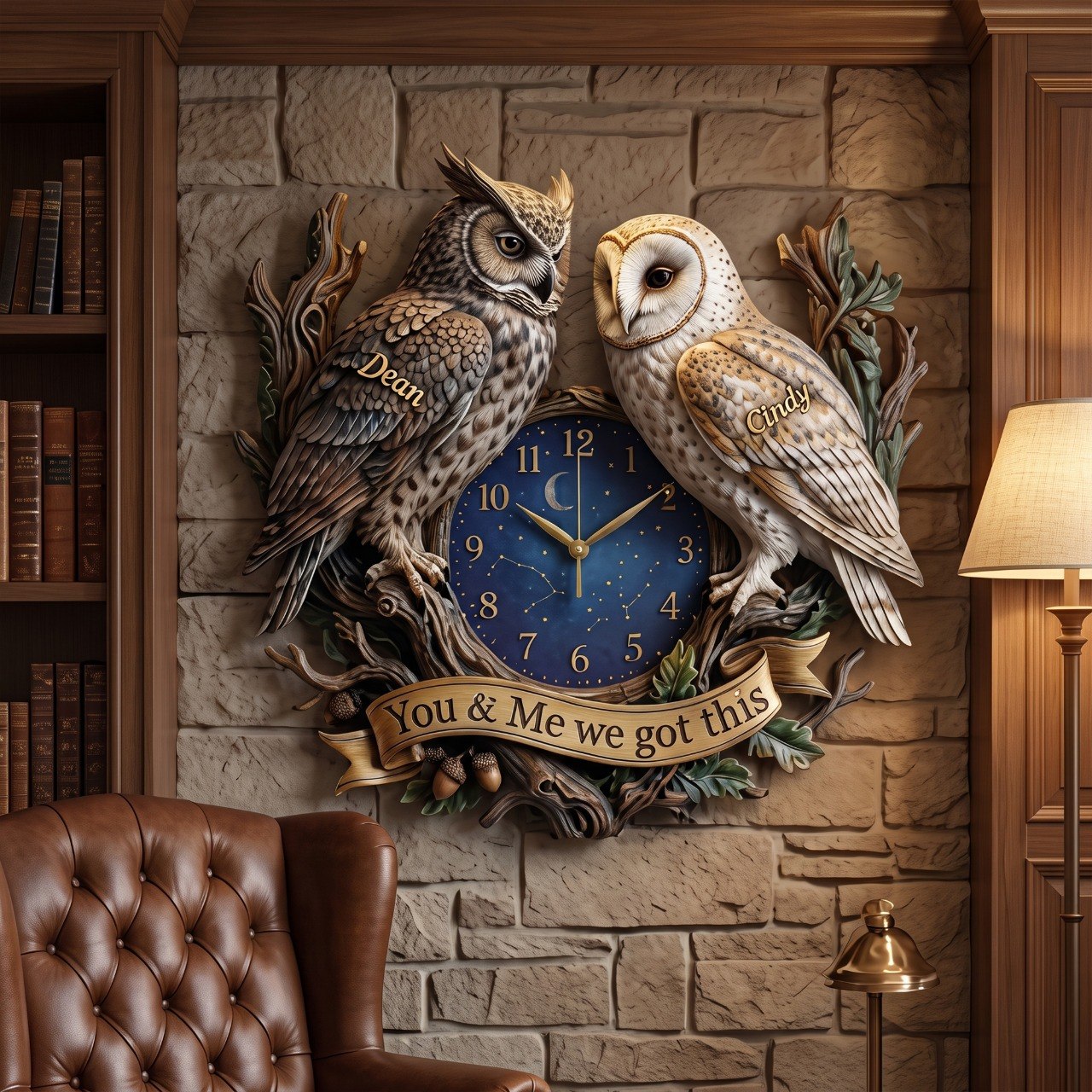 You & Me We Got This Gilded Owl Couple & Starry Night Sculpted Wall Clock