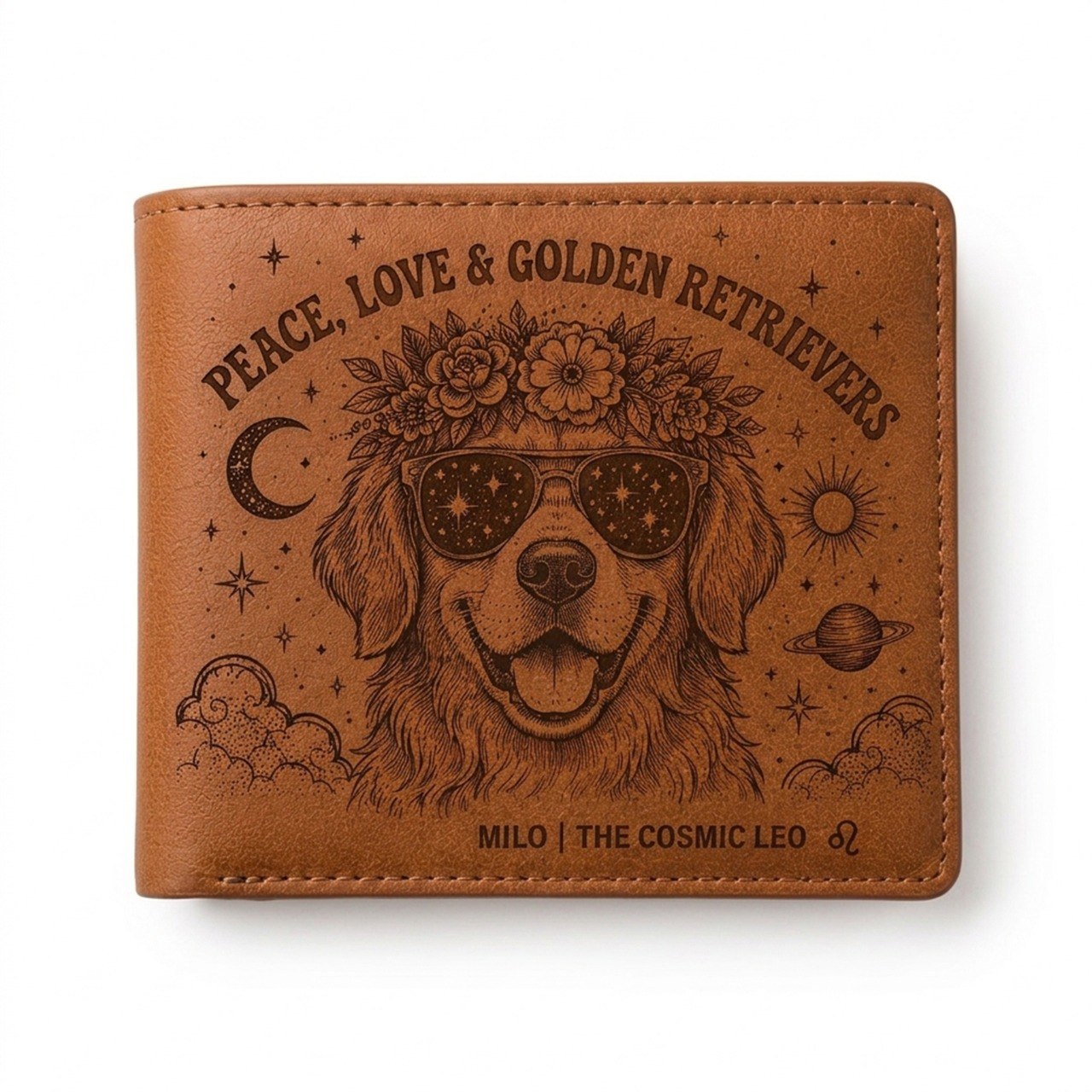 Personalized Boho Dog Lover Leather Wallet, Custom Pet Name Wallet, Peace Love Dog Engraved Bifold Wallet, Celestial Floral Dog Gift for Pet Owners