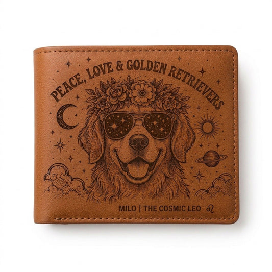 Personalized Boho Dog Lover Leather Wallet, Custom Pet Name Wallet, Peace Love Dog Engraved Bifold Wallet, Celestial Floral Dog Gift for Pet Owners