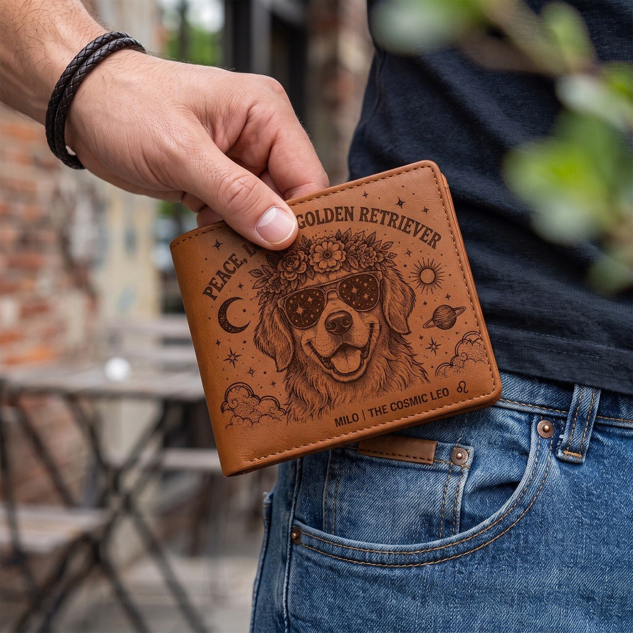 Personalized Boho Dog Lover Leather Wallet, Custom Pet Name Wallet, Peace Love Dog Engraved Bifold Wallet, Celestial Floral Dog Gift for Pet Owners