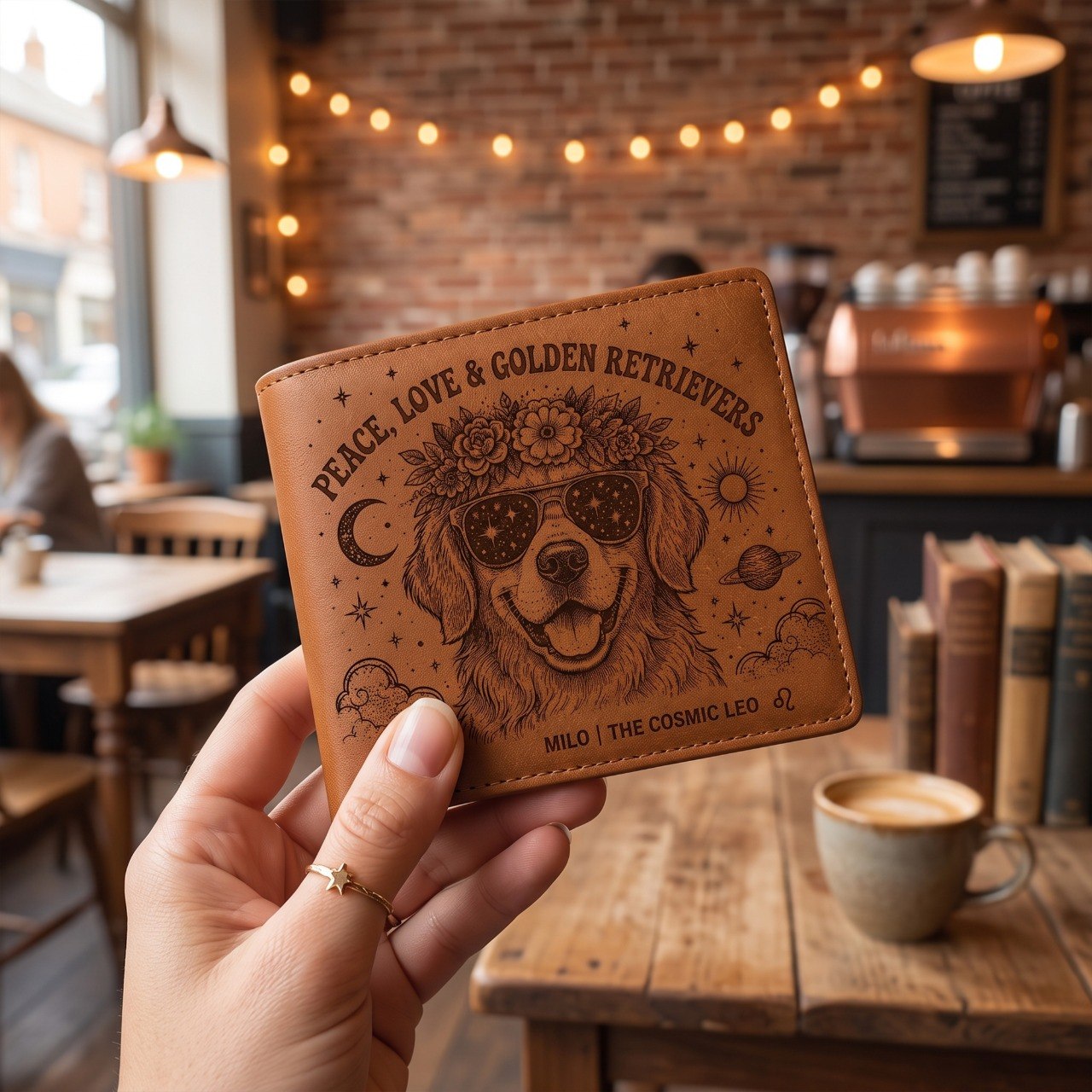 Personalized Boho Dog Lover Leather Wallet, Custom Pet Name Wallet, Peace Love Dog Engraved Bifold Wallet, Celestial Floral Dog Gift for Pet Owners