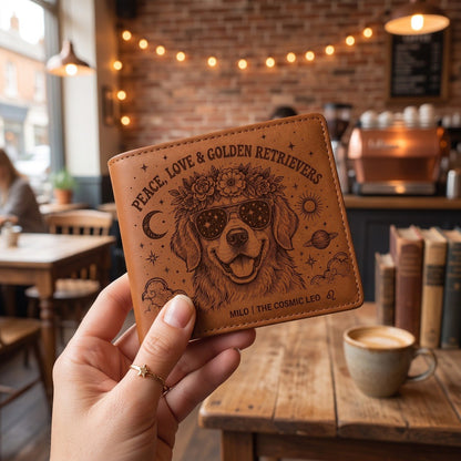Personalized Boho Dog Lover Leather Wallet, Custom Pet Name Wallet, Peace Love Dog Engraved Bifold Wallet, Celestial Floral Dog Gift for Pet Owners