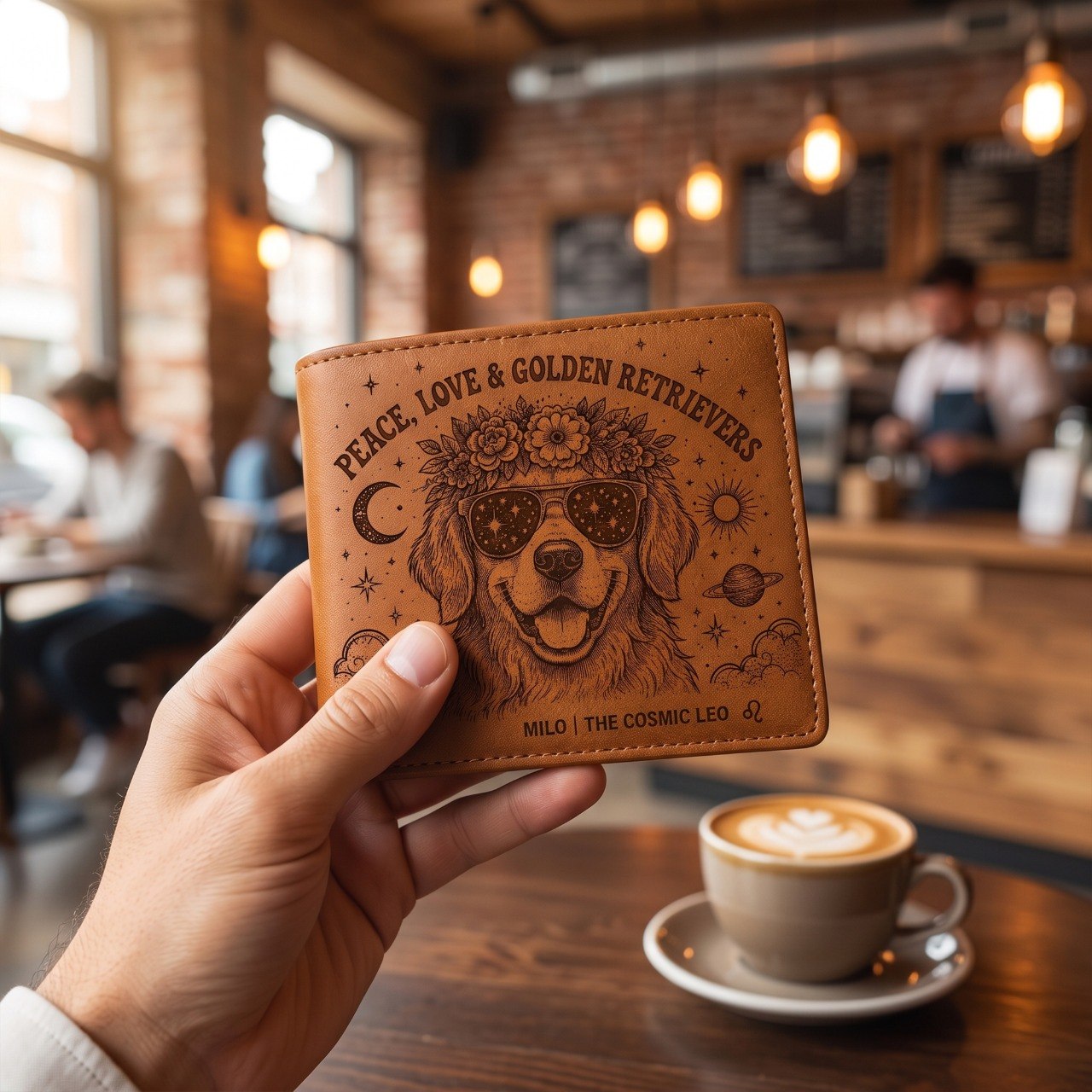 Personalized Boho Dog Lover Leather Wallet, Custom Pet Name Wallet, Peace Love Dog Engraved Bifold Wallet, Celestial Floral Dog Gift for Pet Owners