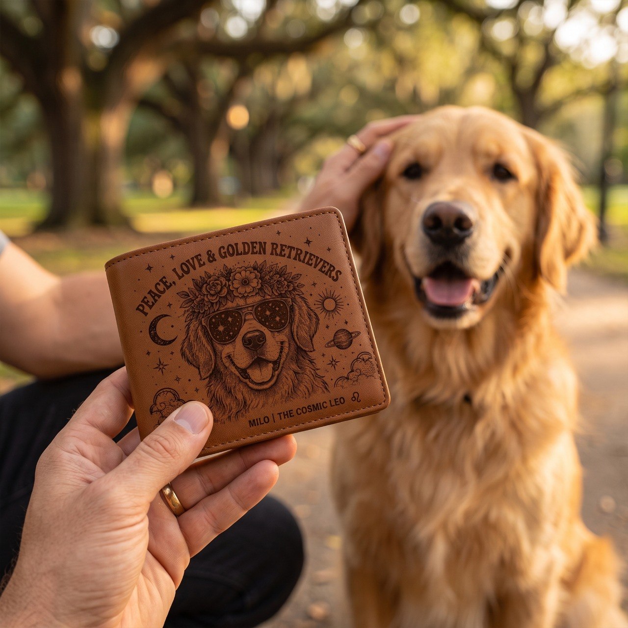 Personalized Boho Dog Lover Leather Wallet, Custom Pet Name Wallet, Peace Love Dog Engraved Bifold Wallet, Celestial Floral Dog Gift for Pet Owners