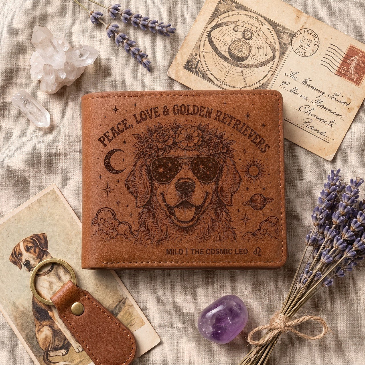 Personalized Boho Dog Lover Leather Wallet, Custom Pet Name Wallet, Peace Love Dog Engraved Bifold Wallet, Celestial Floral Dog Gift for Pet Owners