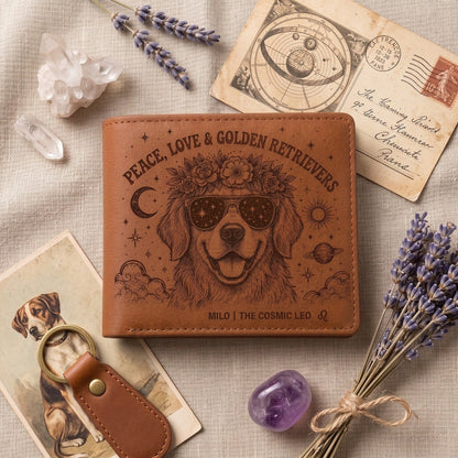 Personalized Boho Dog Lover Leather Wallet, Custom Pet Name Wallet, Peace Love Dog Engraved Bifold Wallet, Celestial Floral Dog Gift for Pet Owners