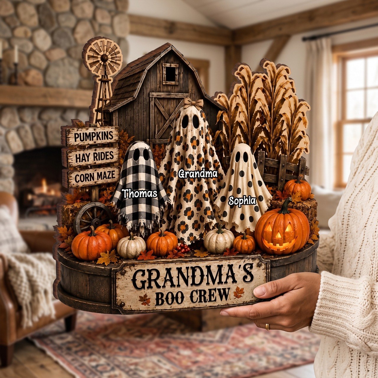 Grandma's Boo Crew Pumpkin Patch - Personalized 2-Layered Wooden Plaque - Halloween Fall Decor for Grandma