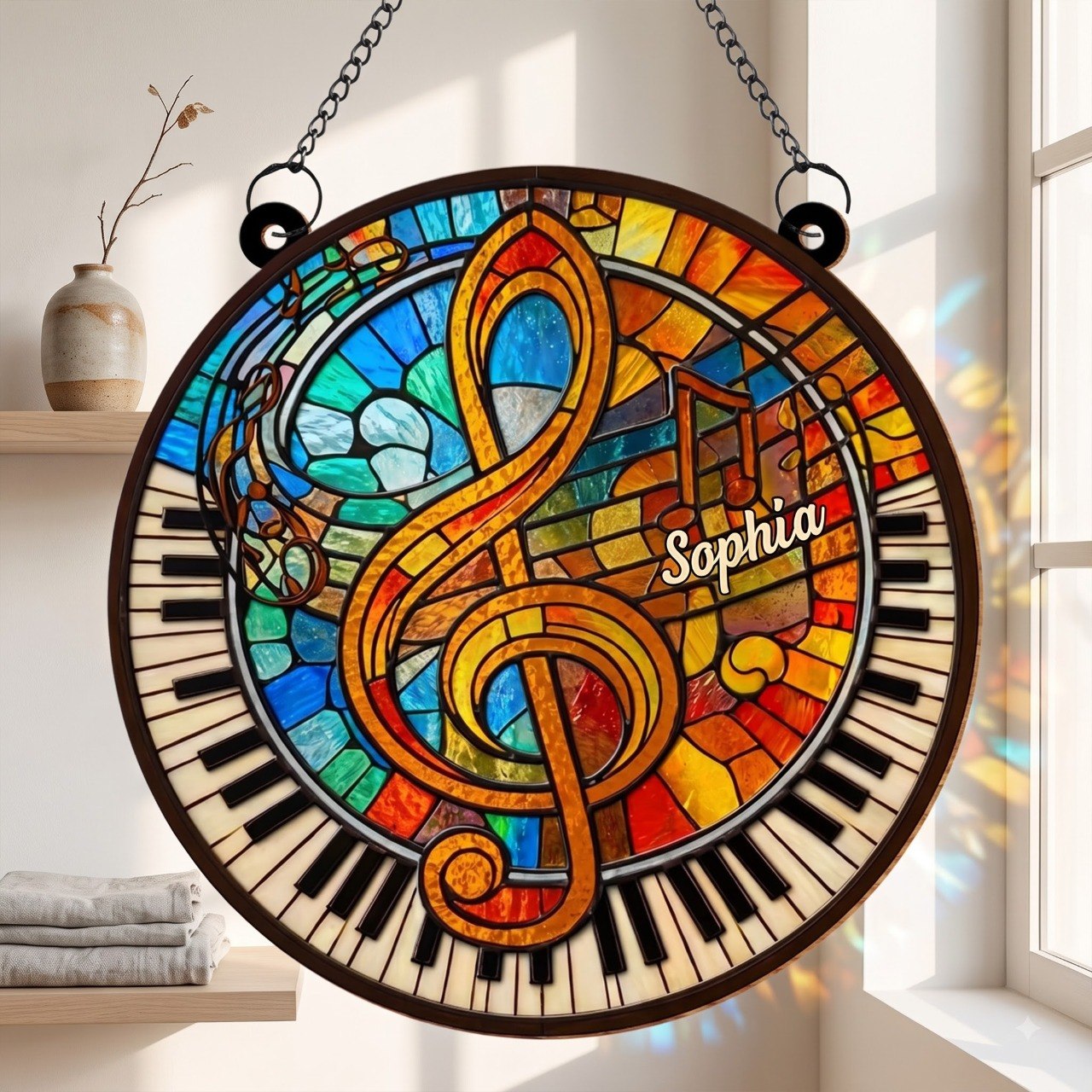 Celebrate Your Love for Music with Vibrant Piano and Treble Clef,Personalized Custom Suncatcher,Gift For Musicians and Teachers
