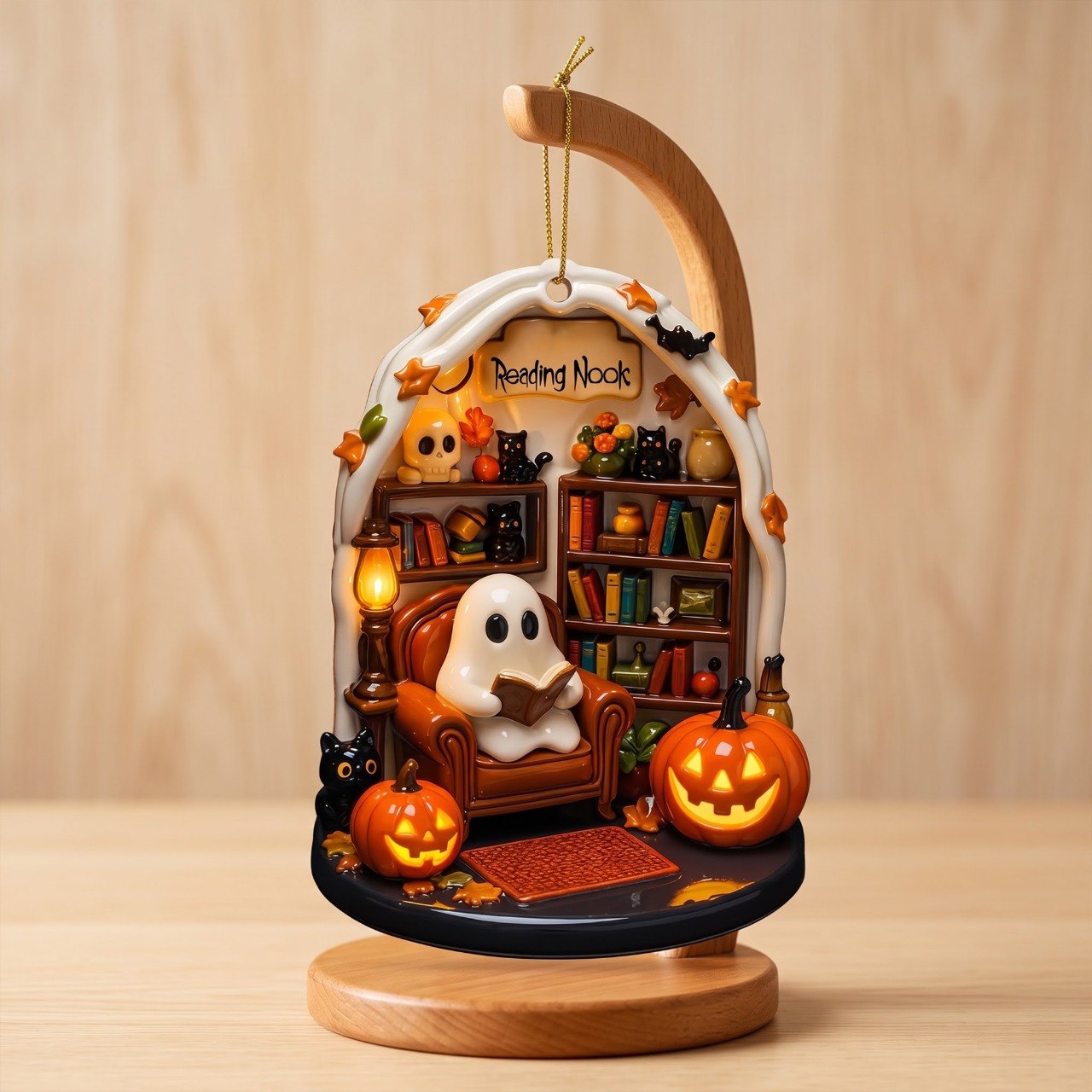 Create Your Own Personalized Reading Nook With Ghost and Pumpkin,Custom Wood Ornament,Gift For Book and Halloween Lovers