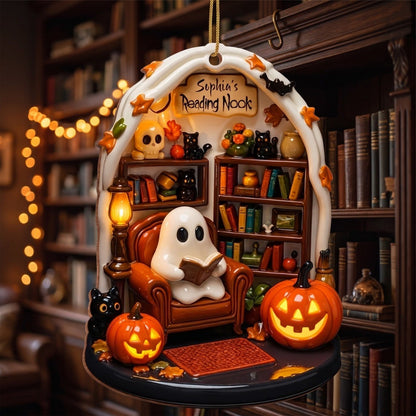 Create Your Own Personalized Reading Nook With Ghost and Pumpkin,Custom Wood Ornament,Gift For Book and Halloween Lovers