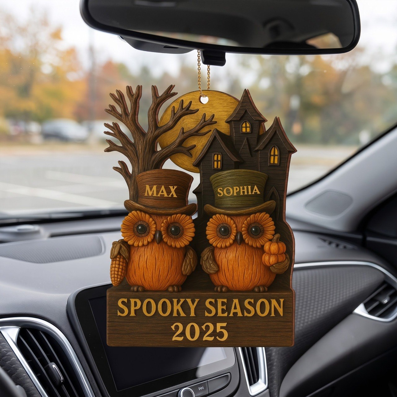 Spooky Season With Owls And Haunted House, Personalized Custom Wood Ornament, Gift For Halloween Enthusiasts