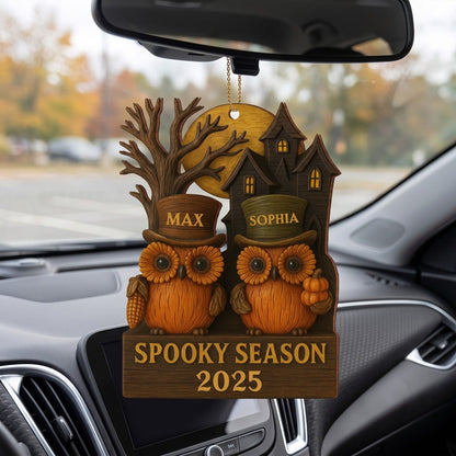 Spooky Season With Owls And Haunted House, Personalized Custom Wood Ornament, Gift For Halloween Enthusiasts