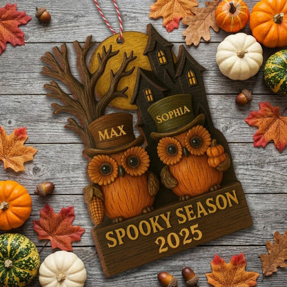 Spooky Season With Owls And Haunted House, Personalized Custom Wood Ornament, Gift For Halloween Enthusiasts
